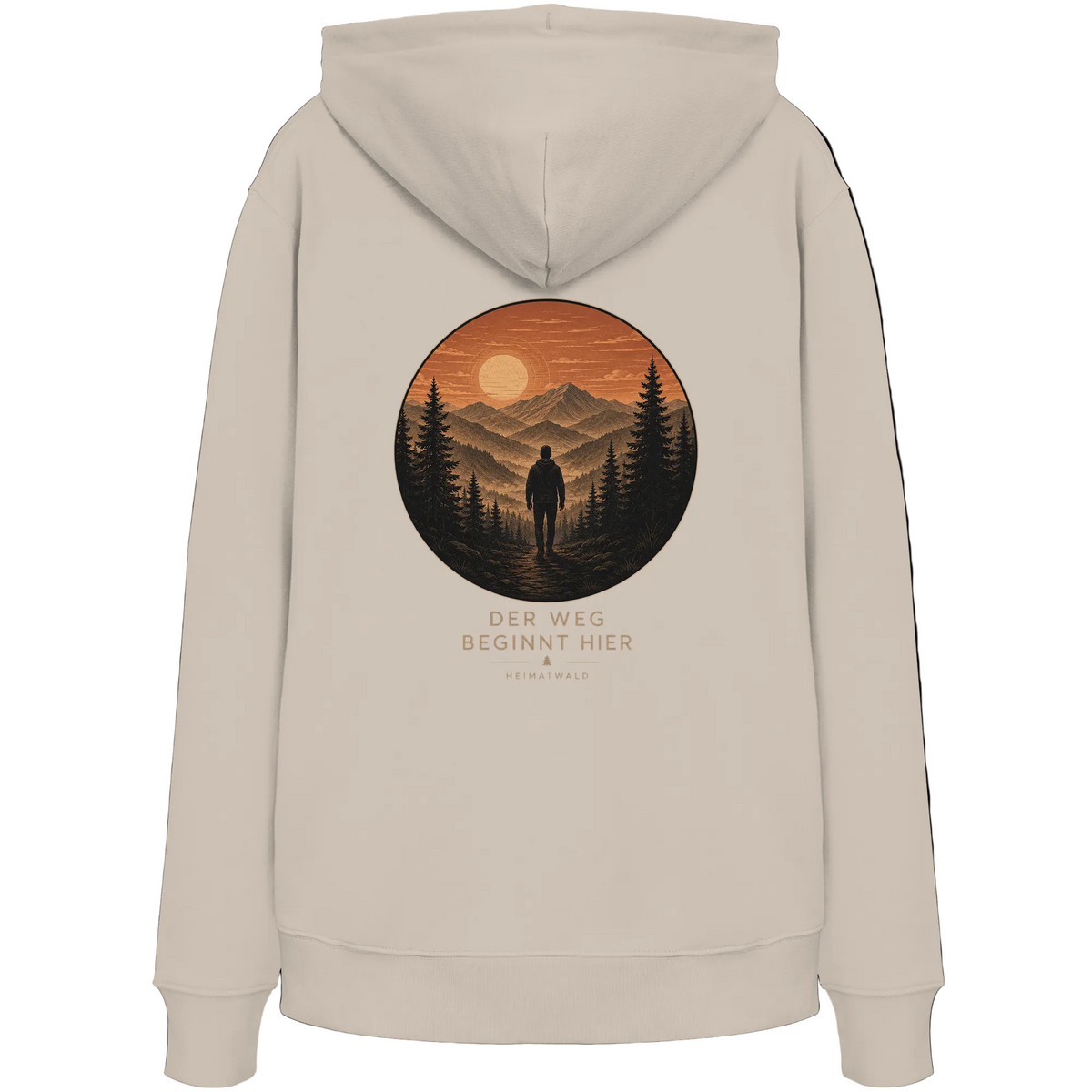 HeimatWald Bio Hoodie – Sunrise in Desert Dust – Rückansicht mit Sunrise-Motiv