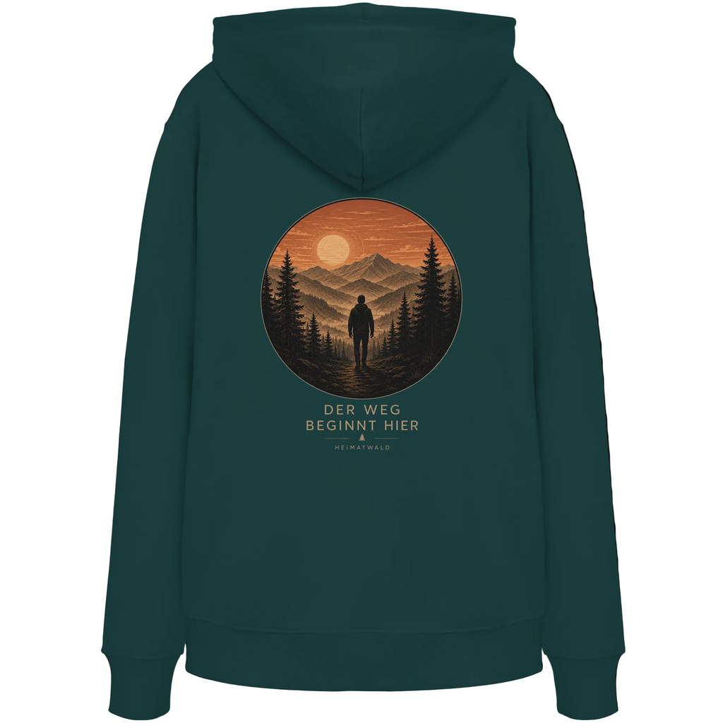 HeimatWald Bio Hoodie – Sunrise in Glazed Green – Rückansicht mit Sunrise-Motiv