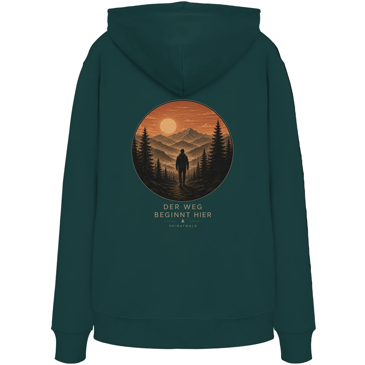 HeimatWald Bio Hoodie – Sunrise in Glazed Green – Rückansicht mit Sunrise-Motiv