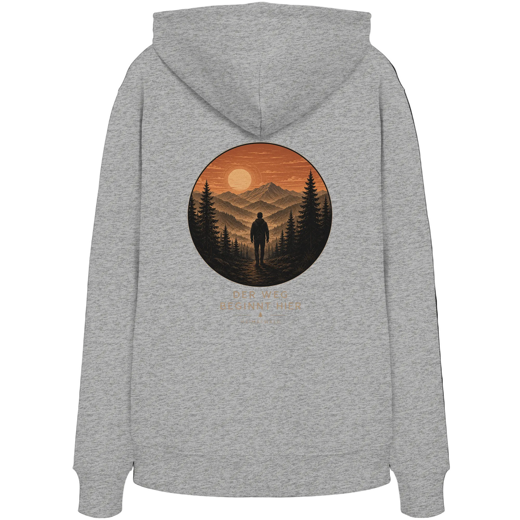 HeimatWald Bio Zip Hoodie – Sunrise in Grau – Rückansicht mit Sunrise-Motiv