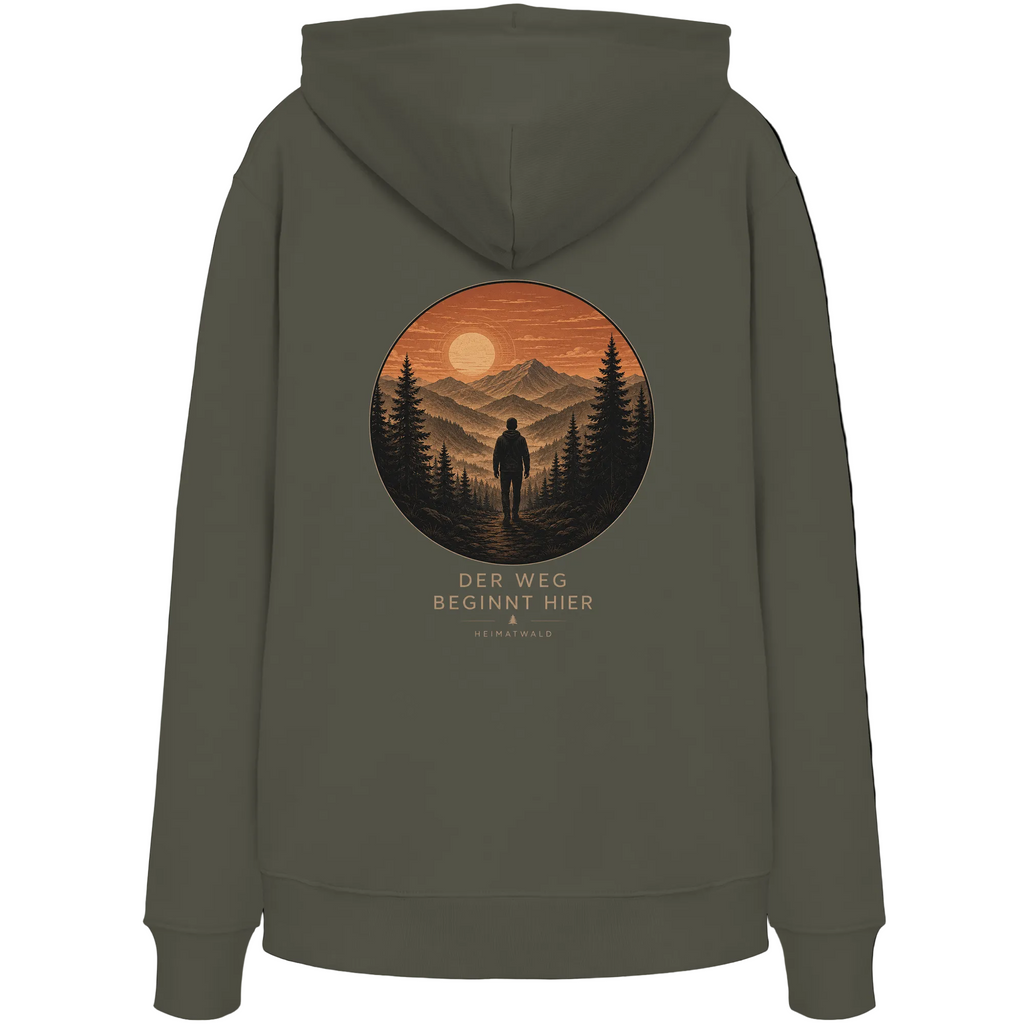 HeimatWald Bio Hoodie – Sunrise in Khaki – Rückansicht mit Sunrise-Motiv
