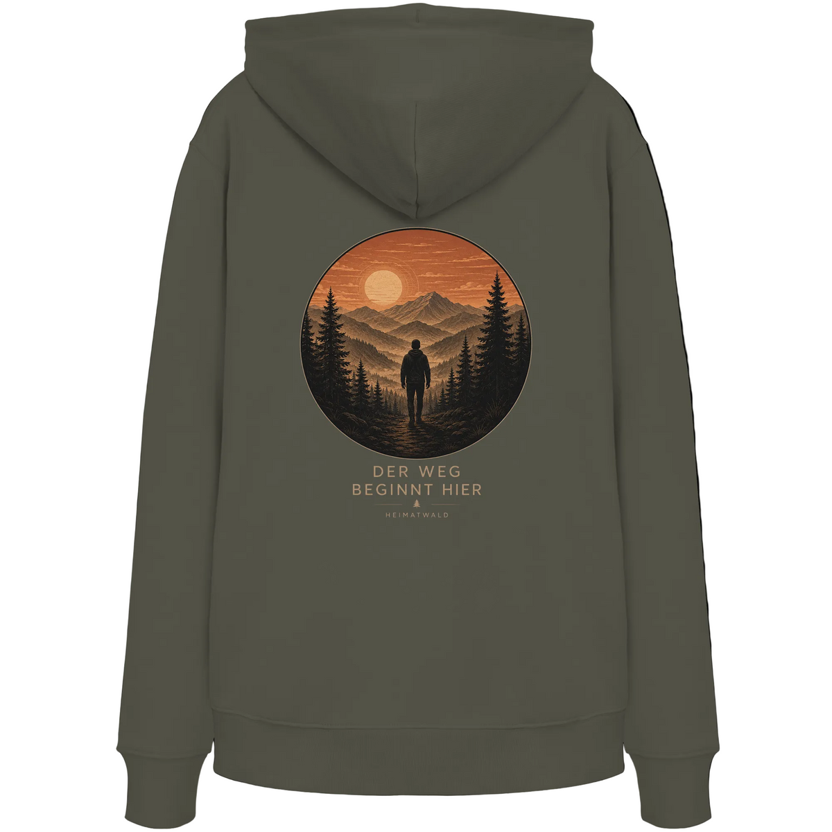 HeimatWald Bio Hoodie – Sunrise in Khaki – Rückansicht mit Sunrise-Motiv