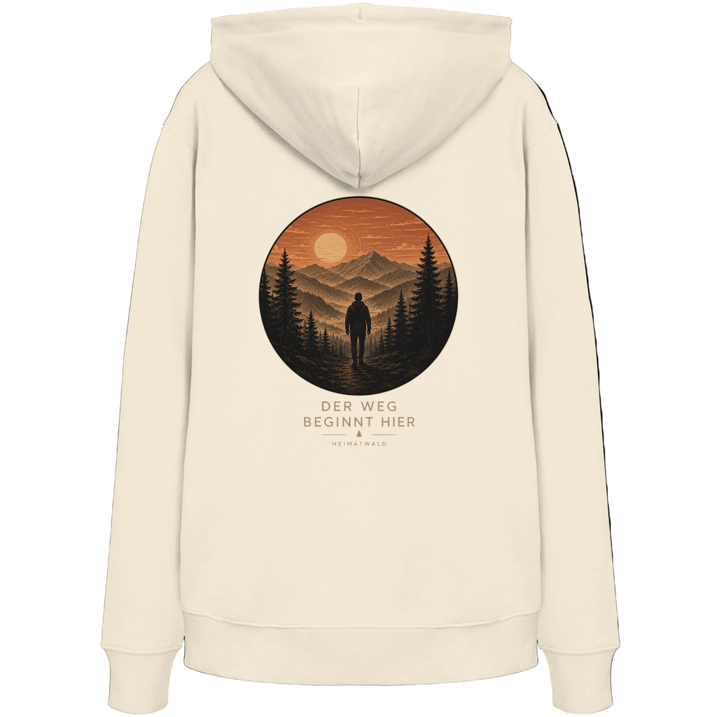 HeimatWald Bio Zip Hoodie – Sunrise in Natural – Rückansicht mit Sunrise-Motiv