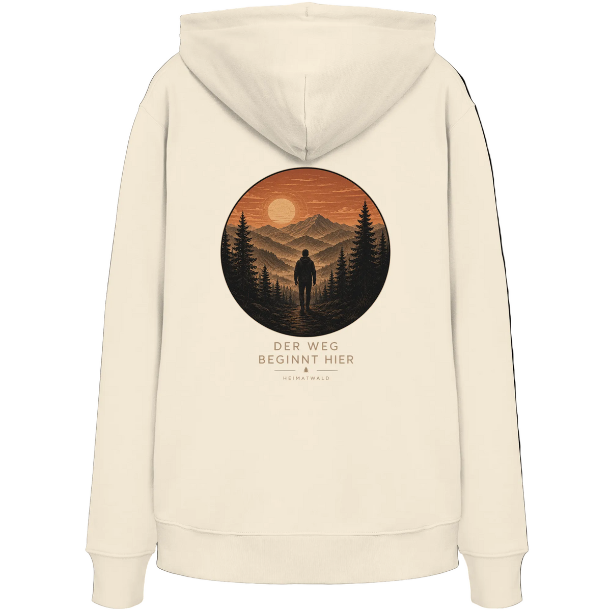 HeimatWald Bio Hoodie – Sunrise in Natural – Rückansicht mit Sunrise-Motiv
