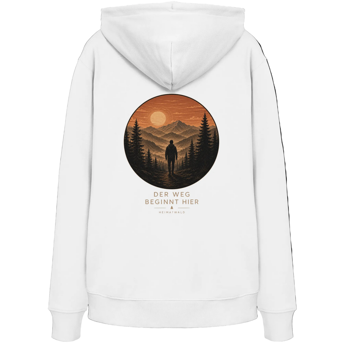 HeimatWald Bio Zip Hoodie – Sunrise in Weiß – Rückansicht mit Sunrise-Motiv