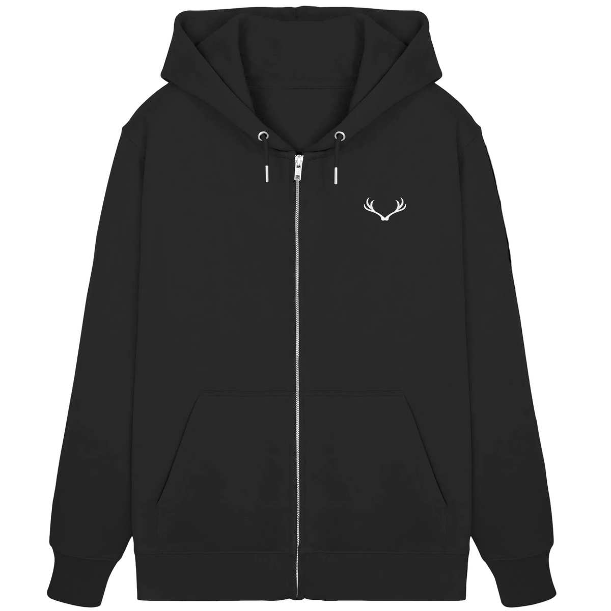 HeimatWald Bio Zip Hoodie – Sunrise in Schwarz – Vorderansicht mit Geweih-Logo
