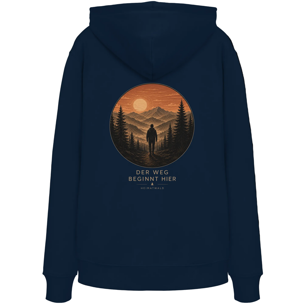 HeimatWald Bio Zip Hoodie – Sunrise in French Navy – Rückansicht mit Sunrise-Motiv