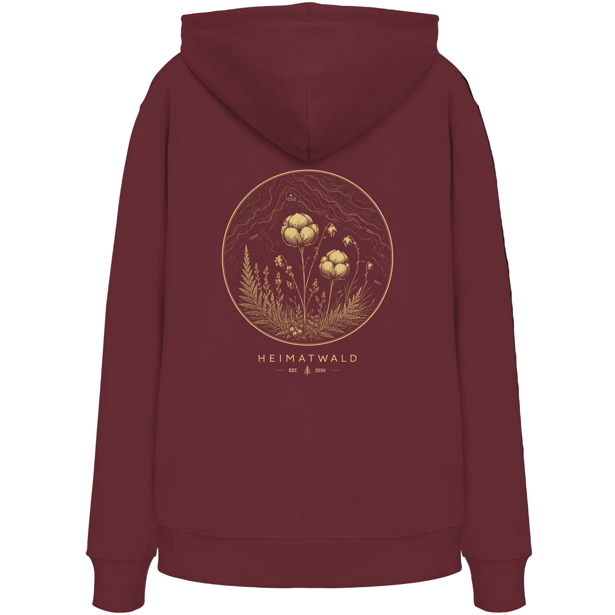 HeimatWald Bio Zip Hoodie – Wollgras in Burgund – Rückansicht mit Wollgras-Motiv