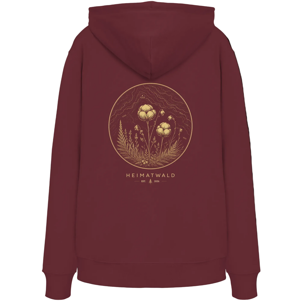 HeimatWald Bio Hoodie – Wollgras in Burgund – Rückansicht mit Wollgras-Motiv