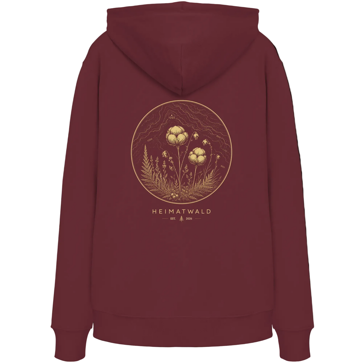 HeimatWald Bio Hoodie – Wollgras in Burgund – Rückansicht mit Wollgras-Motiv