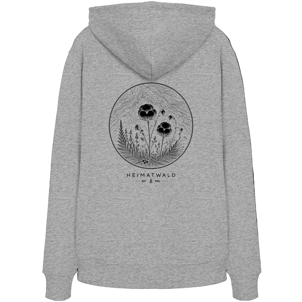 HeimatWald Bio Hoodie – Wollgras in Grau – Rückansicht mit Wollgras-Motiv