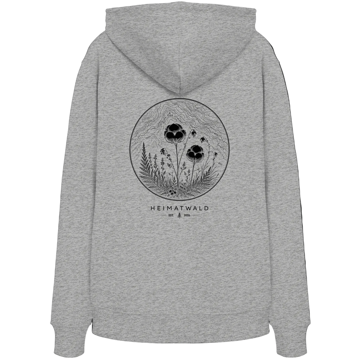 HeimatWald Bio Hoodie – Wollgras in Grau – Rückansicht mit Wollgras-Motiv