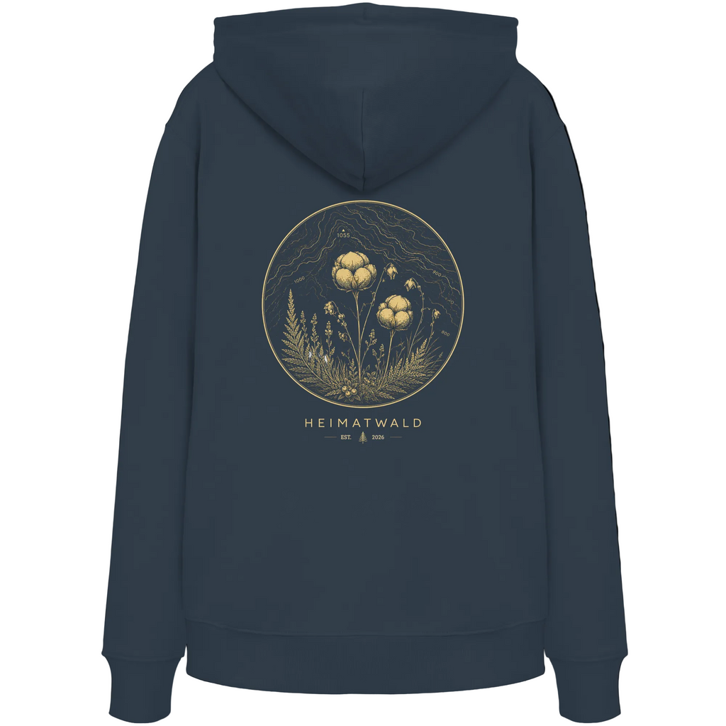 HeimatWald Bio Hoodie – Wollgras in India Ink Grey – Rückansicht mit Wollgras-Motiv