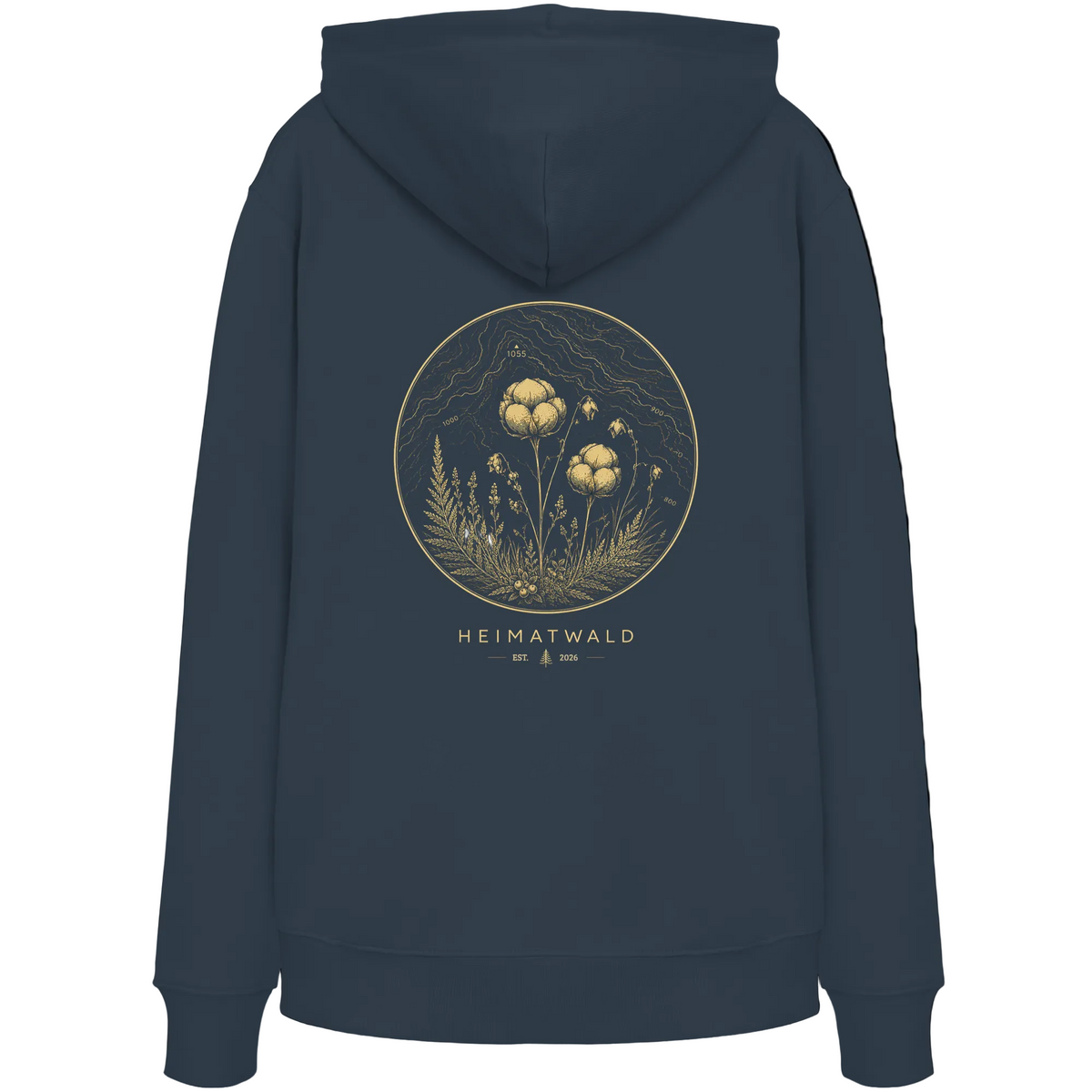 HeimatWald Bio Hoodie – Wollgras in India Ink Grey – Rückansicht mit Wollgras-Motiv