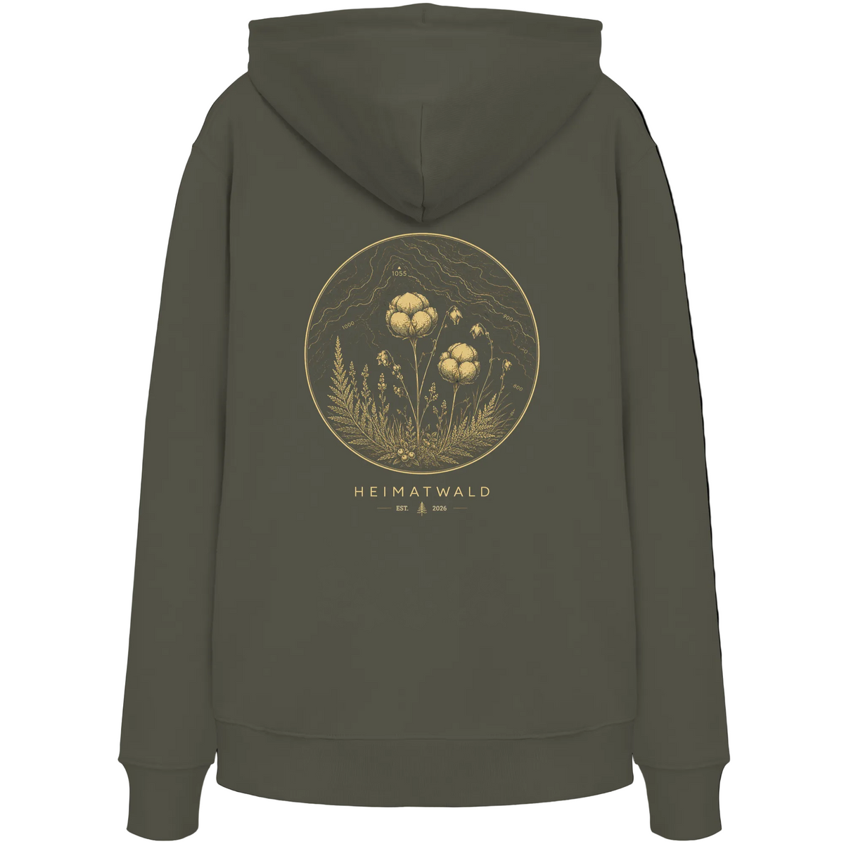 HeimatWald Bio Hoodie – Wollgras in Khaki – Rückansicht mit Wollgras-Motiv