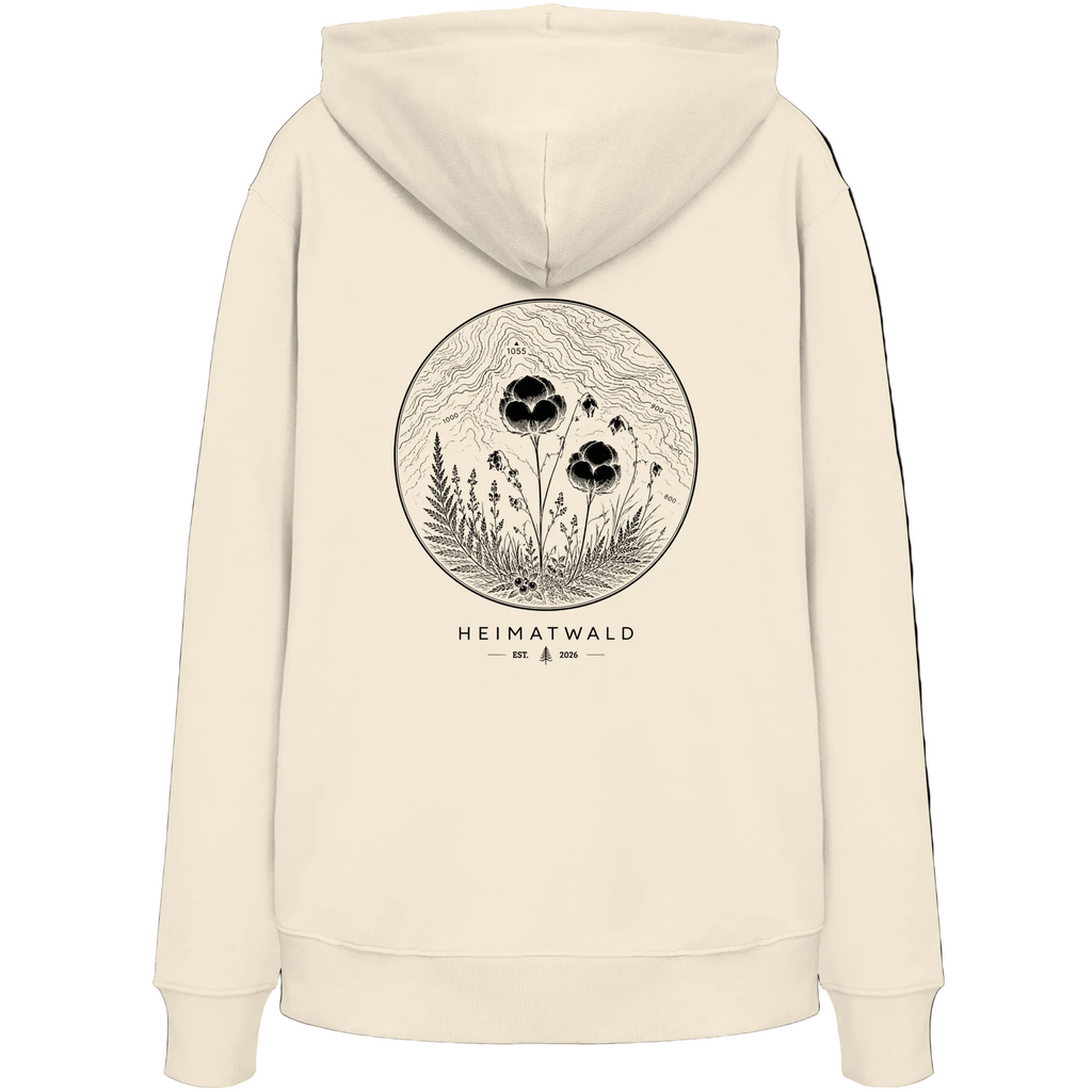 HeimatWald Bio Hoodie – Wollgras in Natural – Rückansicht mit Wollgras-Motiv