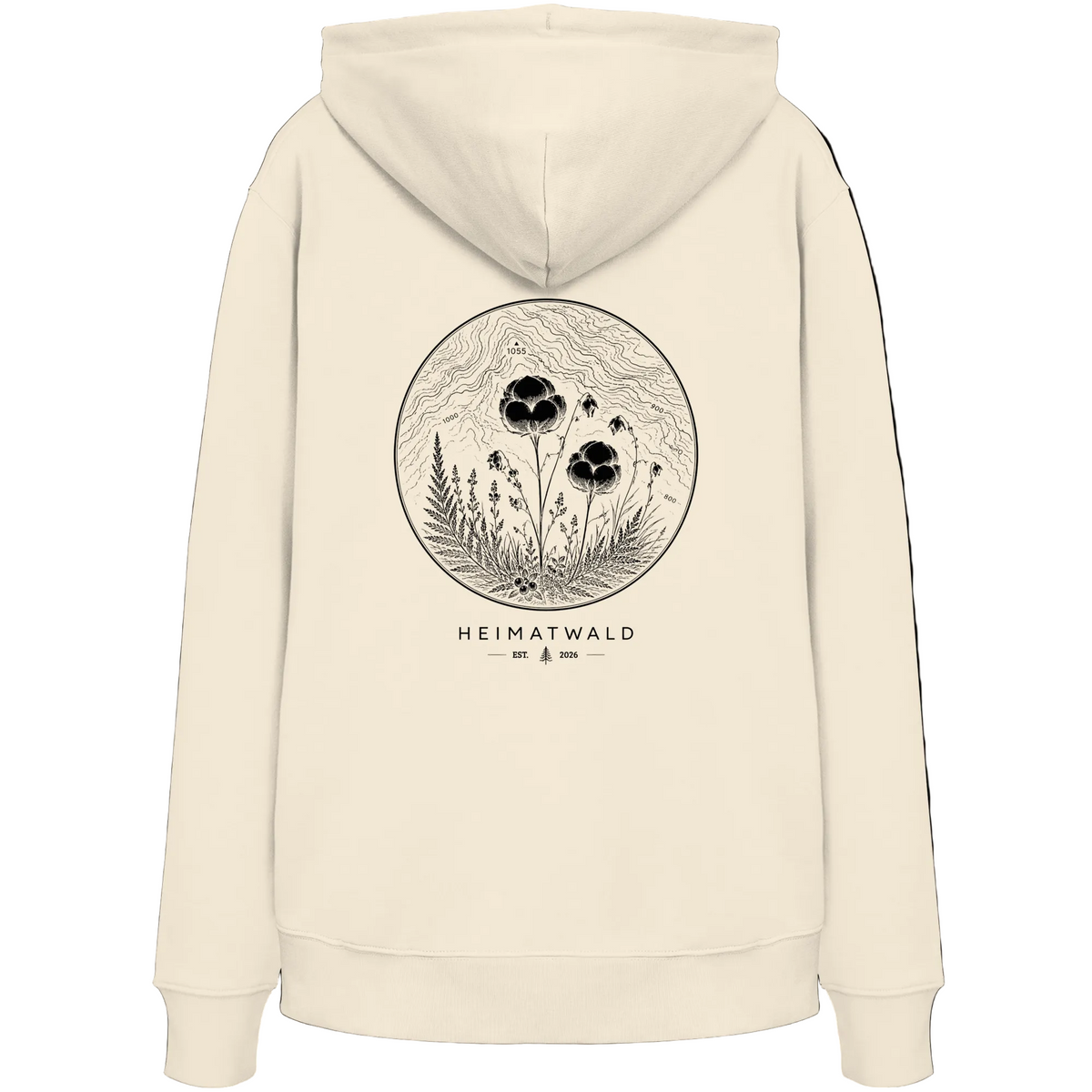 HeimatWald Bio Hoodie – Wollgras in Natural – Rückansicht mit Wollgras-Motiv