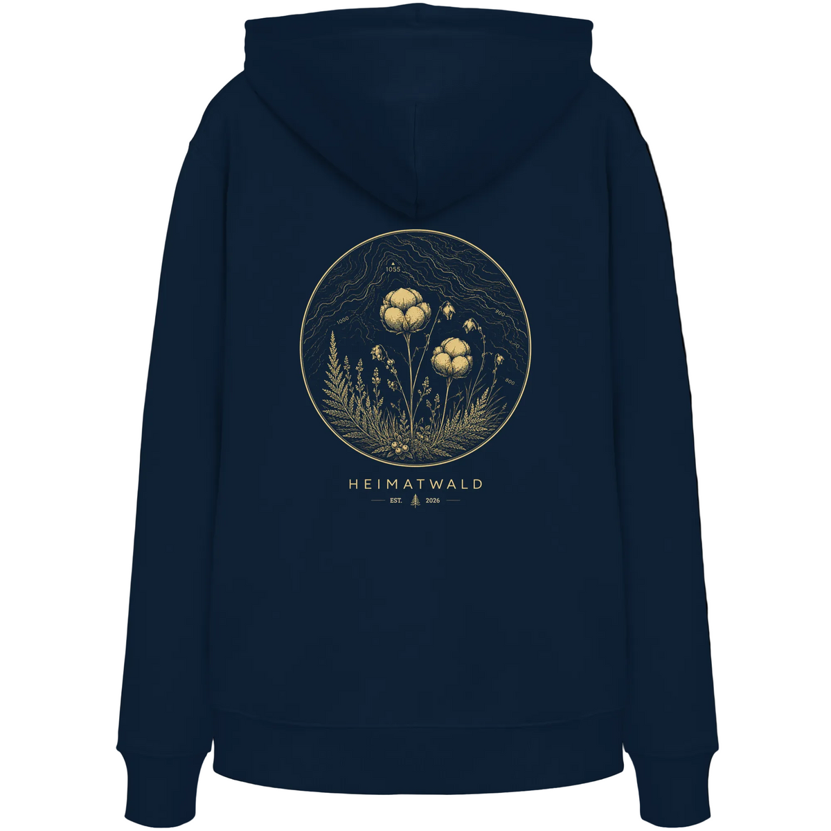 HeimatWald Bio Hoodie – Wollgras in Navy – Rückansicht mit Wollgras-Motiv
