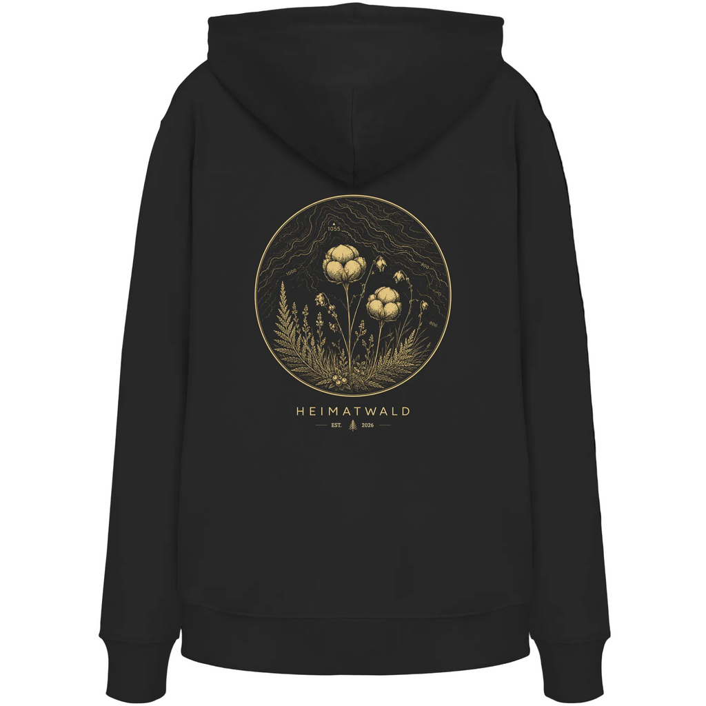 HeimatWald Bio Zip Hoodie – Wollgras in Schwarz – Rückansicht mit Wollgras-Motiv