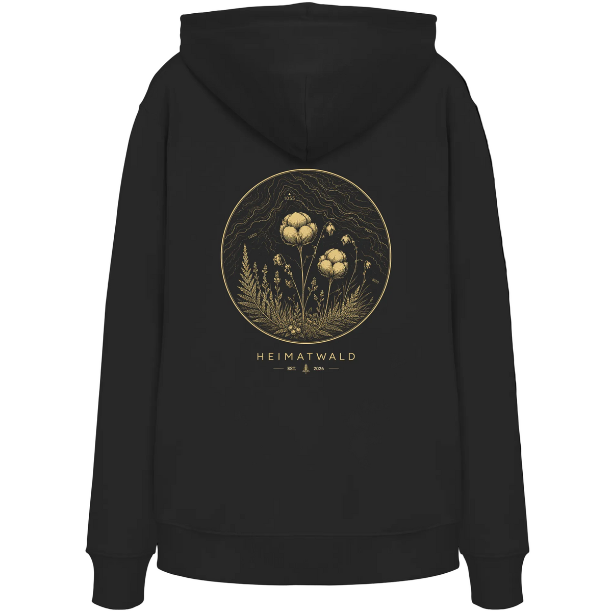 HeimatWald Bio Zip Hoodie – Wollgras in Schwarz – Rückansicht mit Wollgras-Motiv