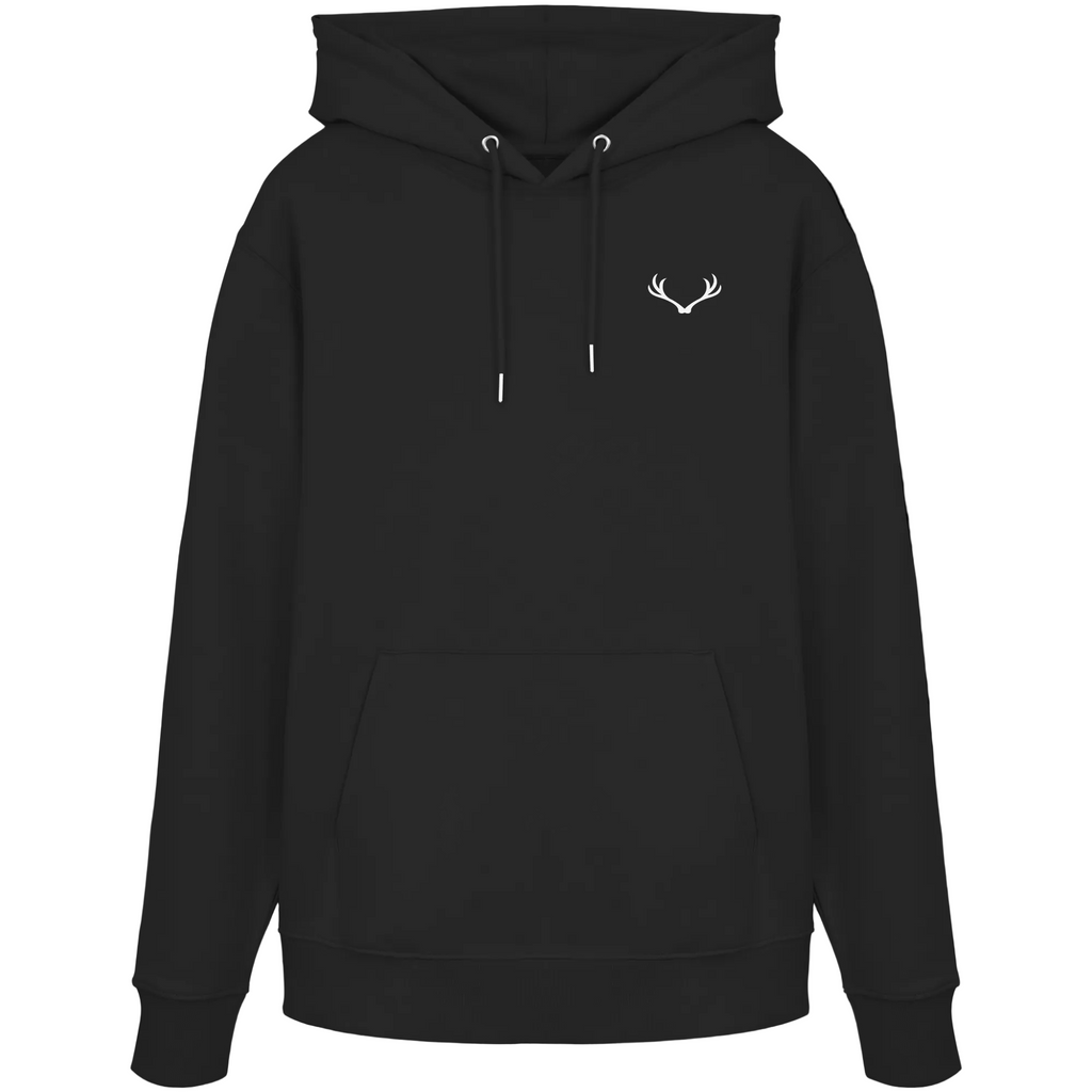 HeimatWald Bio Hoodie – Wollgras in Schwarz – Vorderansicht mit Geweih-Logo