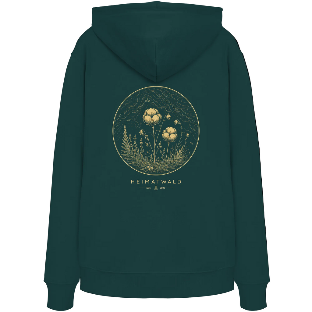 HeimatWald Bio Hoodie – Wollgras in Glazed Green – Rückansicht mit Wollgras-Motiv