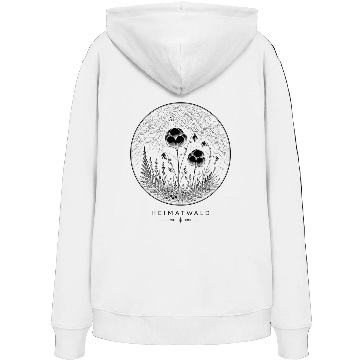 HeimatWald Bio Hoodie – Wollgras in Weiß – Rückansicht mit Wollgras-Motiv
