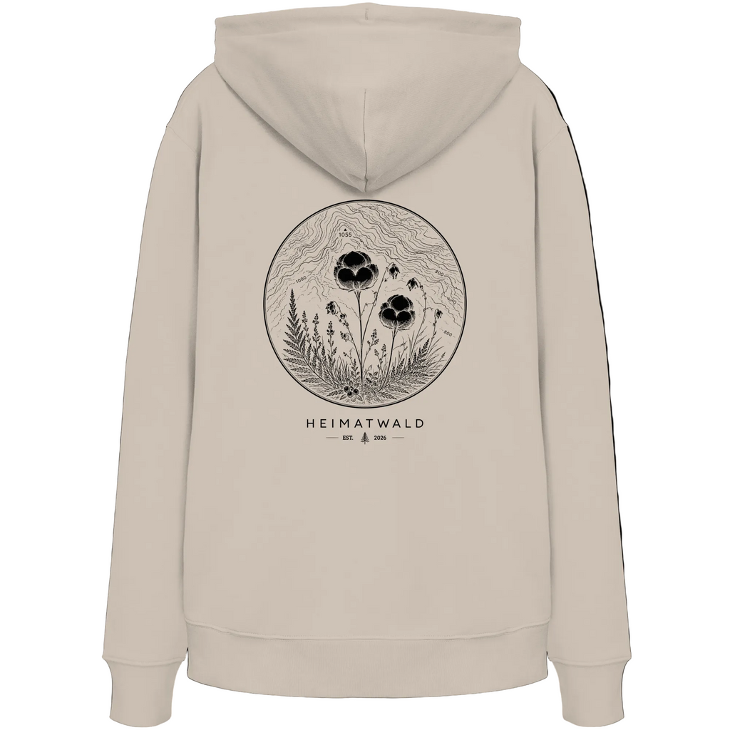 HeimatWald Bio Hoodie – Wollgras in Desert Dust – Rückansicht mit Wollgras-Motiv