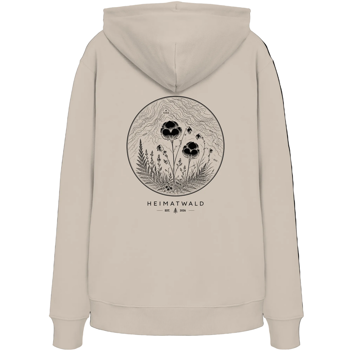 HeimatWald Bio Hoodie – Wollgras in Desert Dust – Rückansicht mit Wollgras-Motiv