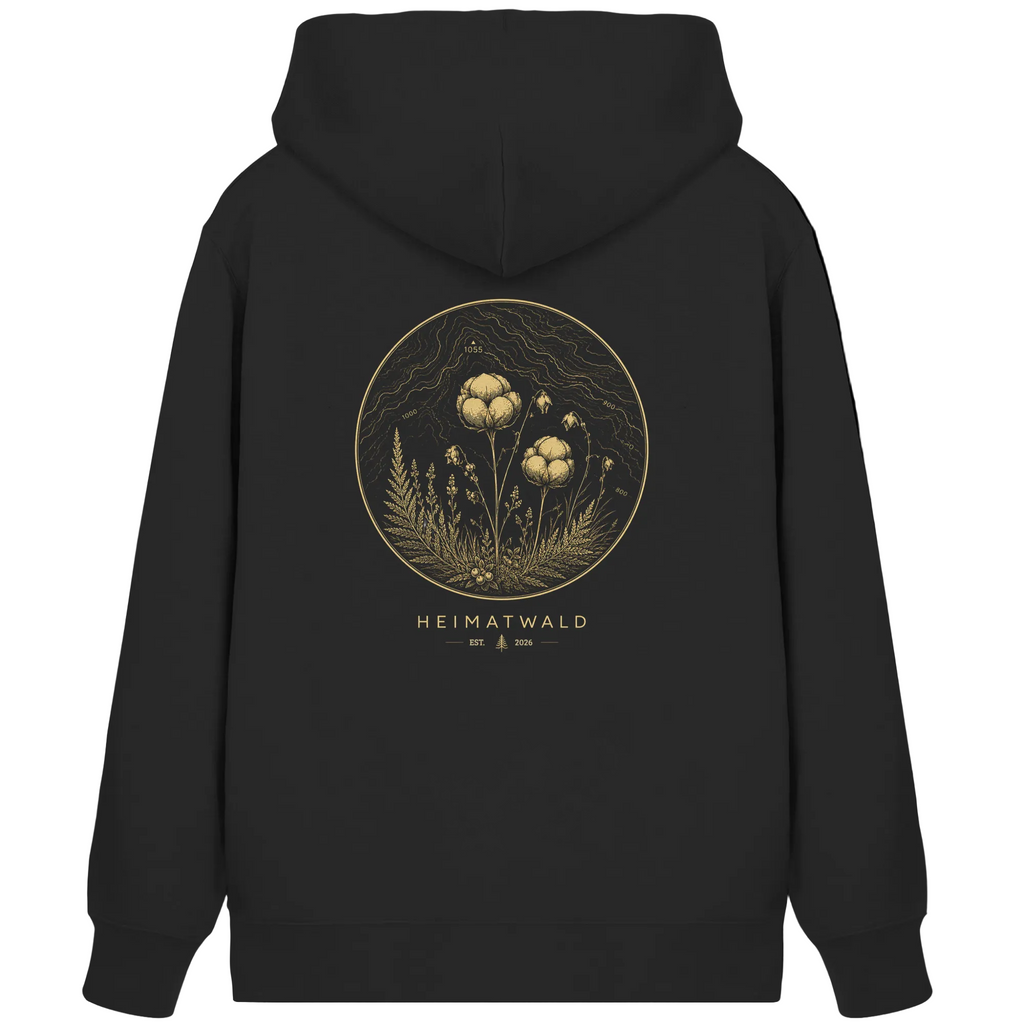 HeimatWald Bio Hoodie – Wollgras in Schwarz – Rückansicht mit Wollgras-Motiv