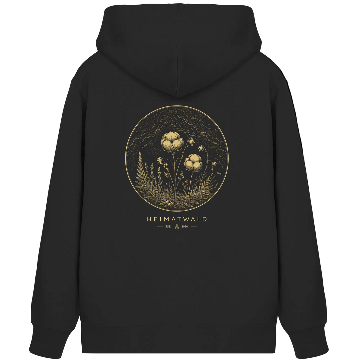 HeimatWald Bio Hoodie – Wollgras in Schwarz – Rückansicht mit Wollgras-Motiv
