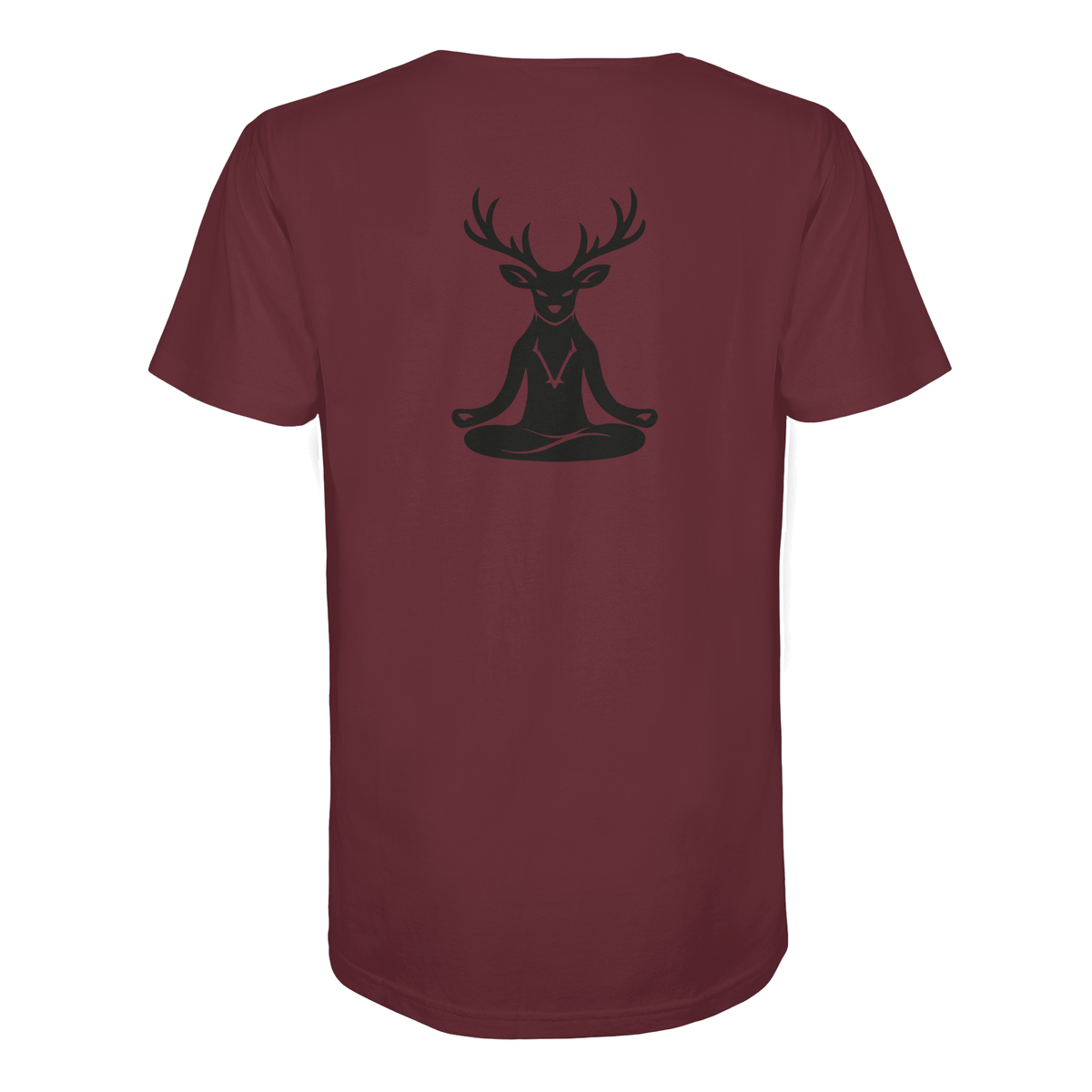 HeimatWald Bio T Shirt Yoga Hirsch in Burgund – Rückansicht mit Yoga-Hirsch-Motiv