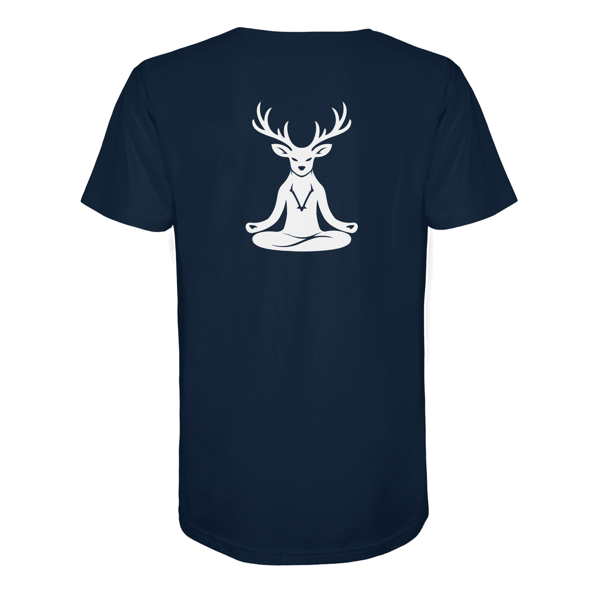 HeimatWald Bio T Shirt Yoga Hirsch in French Navy – Rückansicht mit Yoga-Hirsch-Motiv