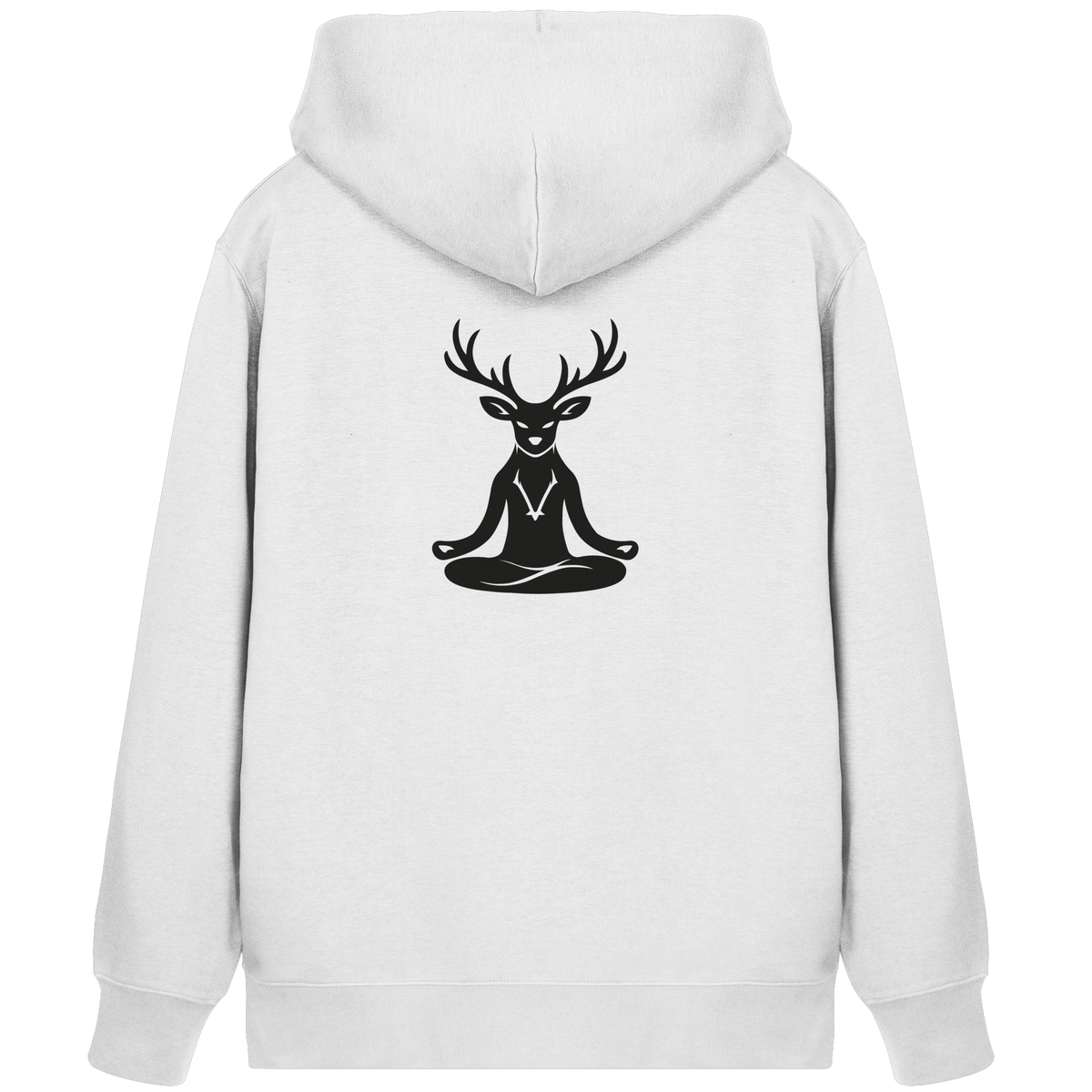 HeimatWald Bio Zip Hoodie Yoga Hirsch in Weiß – Rückansicht mit Yoga-Hirsch-Motiv