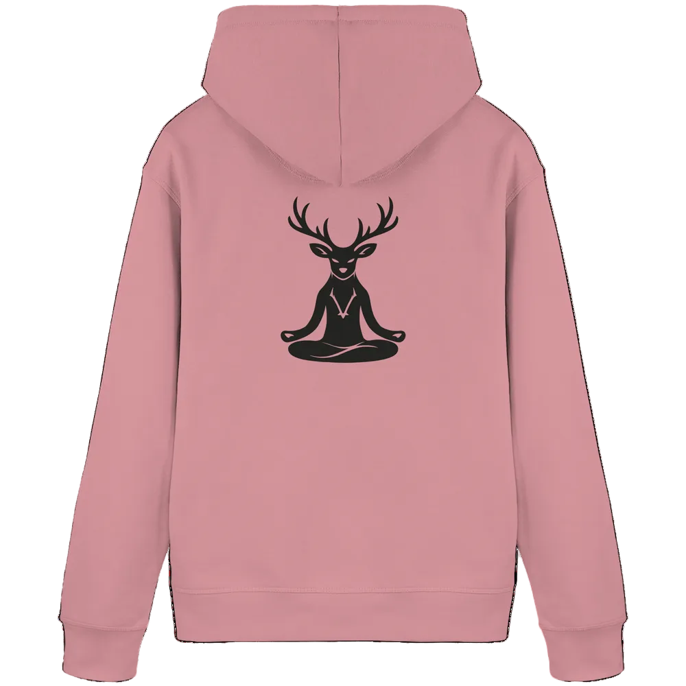 HeimatWald Bio Hoodie Yoga Hirsch in Canyon Pink – Rückansicht mit Yoga-Hirsch-Motiv