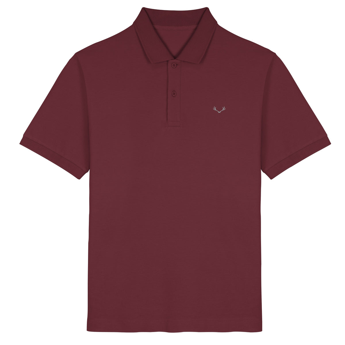 HeimatWald Bio Poloshirt Geweih in Burgund mit Geweih-Logo – Produktansicht