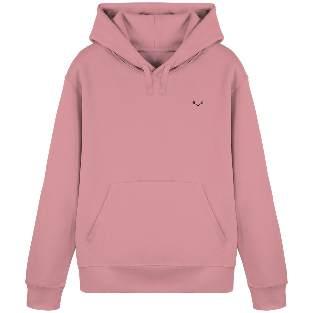 HeimatWald Bio Hoodie Yoga Hirsch in Canyon Pink – Vorderansicht mit Yoga-Hirsch-Motiv