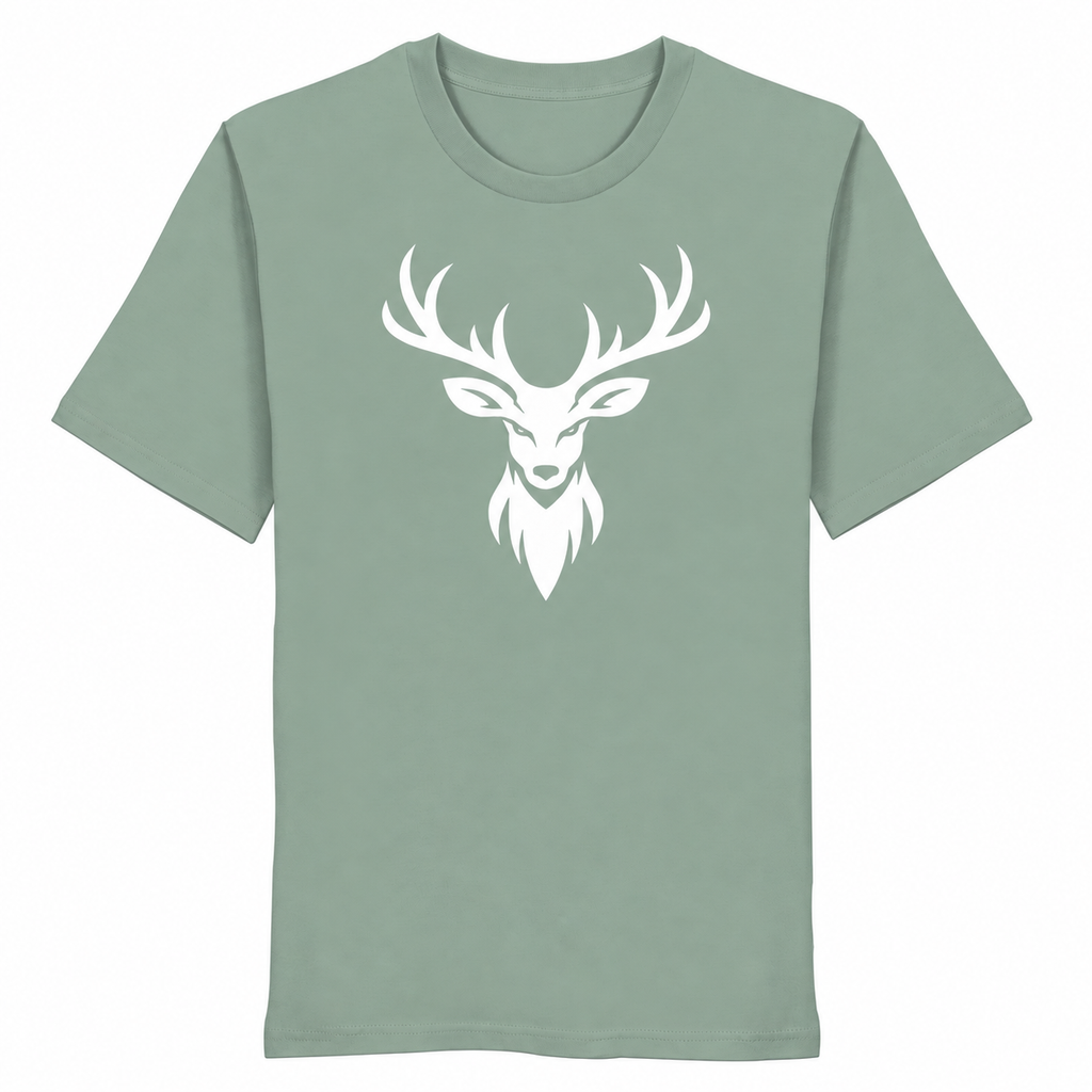 HeimatWald Bio T-Shirt Hirschkopf Frontprint in aloe auf weißem Hintergrund