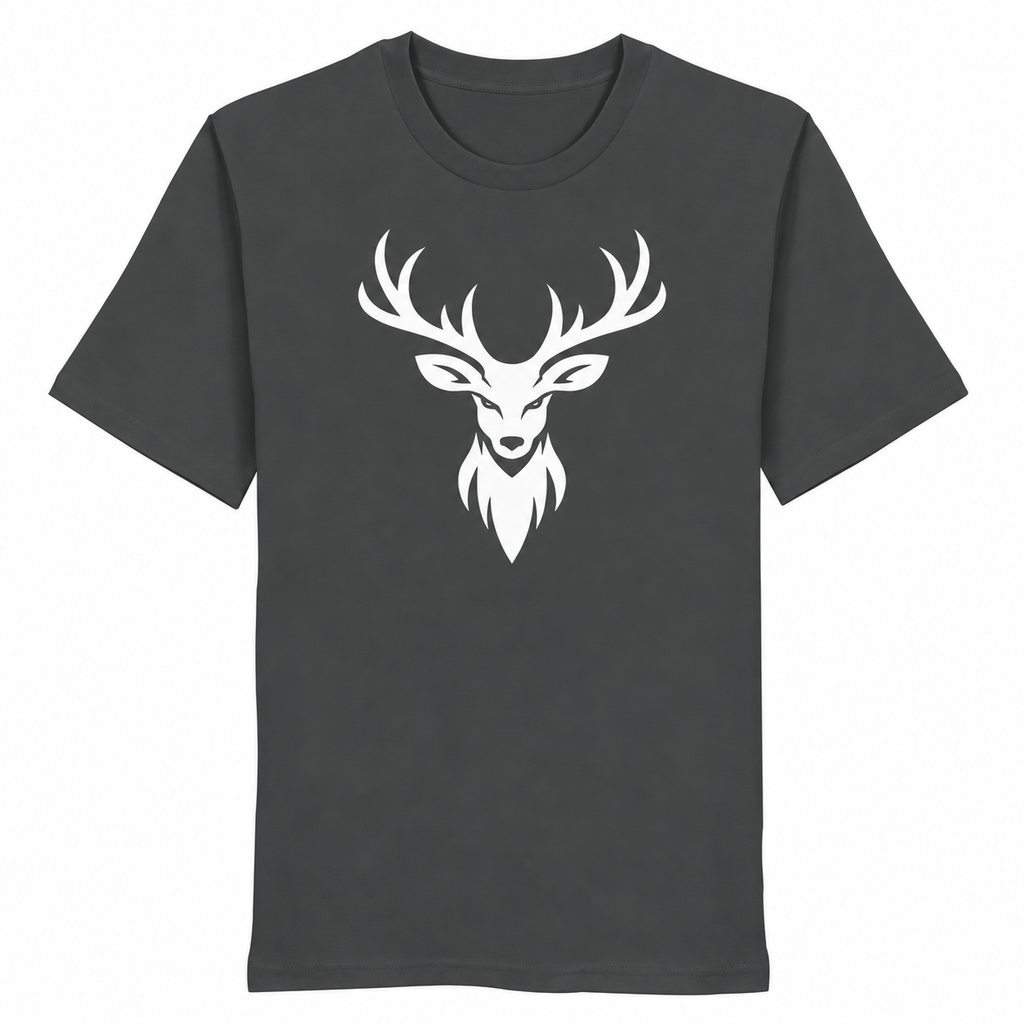 HeimatWald Bio T-Shirt Hirschkopf Frontprint in anthracite auf weißem Hintergrund