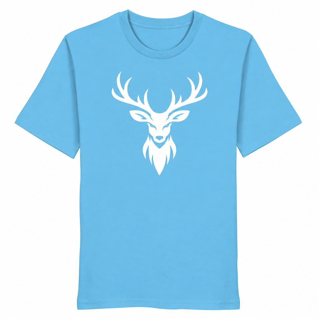 HeimatWald Bio T-Shirt Hirschkopf Frontprint in aqua-blue auf weißem Hintergrund
