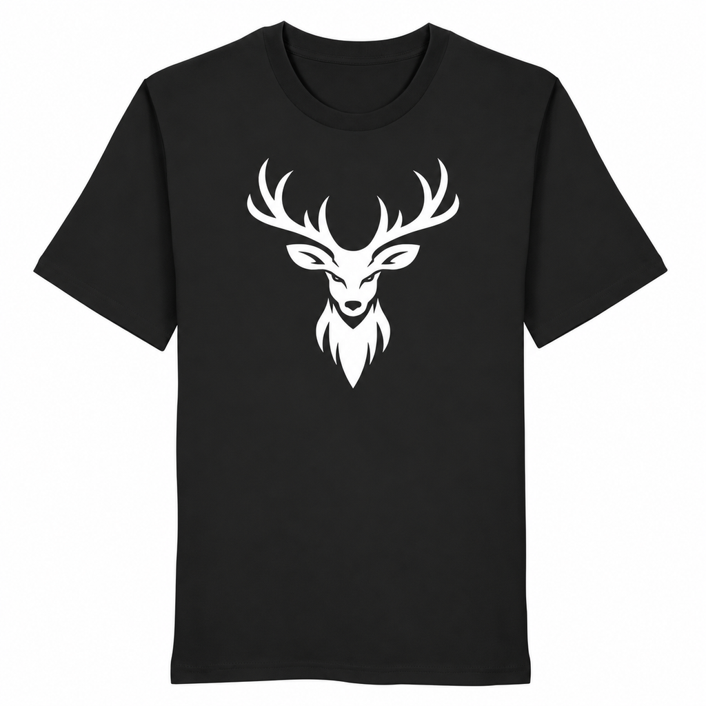 HeimatWald Bio T-Shirt Hirschkopf Frontprint in black auf weißem Hintergrund