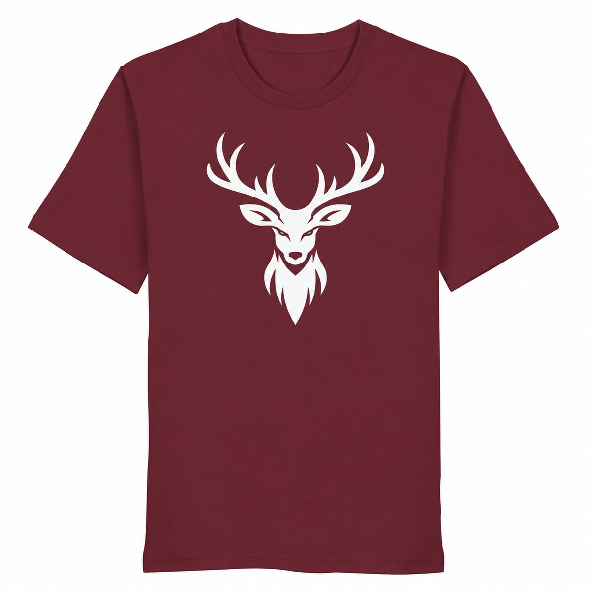 HeimatWald Bio T-Shirt Hirschkopf Frontprint in burgundy auf weißem Hintergrund