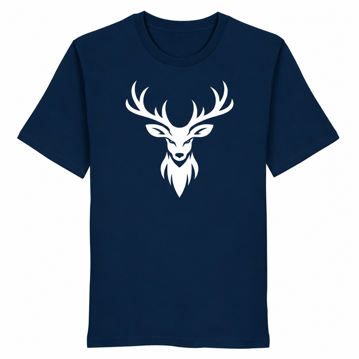 HeimatWald Bio T-Shirt Hirschkopf Frontprint in french-navy auf weißem Hintergrund