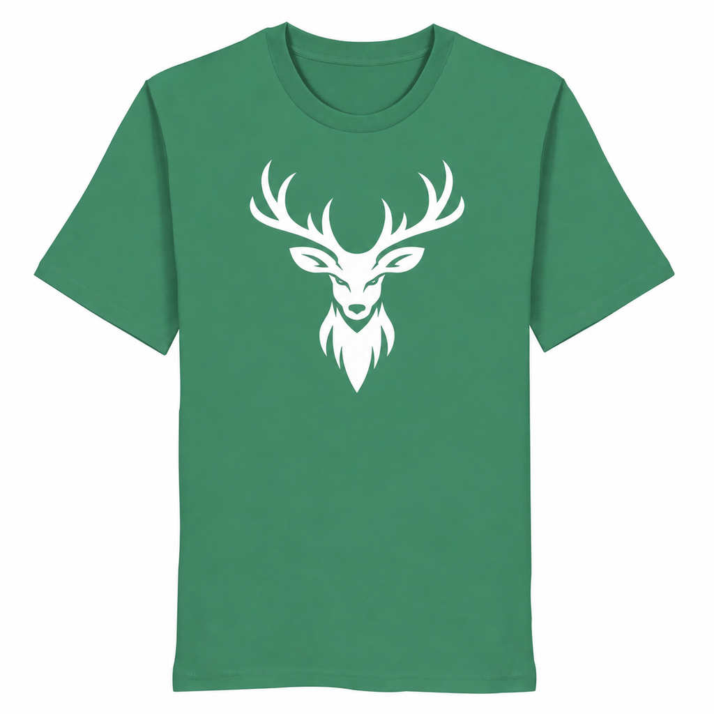 HeimatWald Bio T-Shirt Hirschkopf Frontprint in green-bay auf weißem Hintergrund