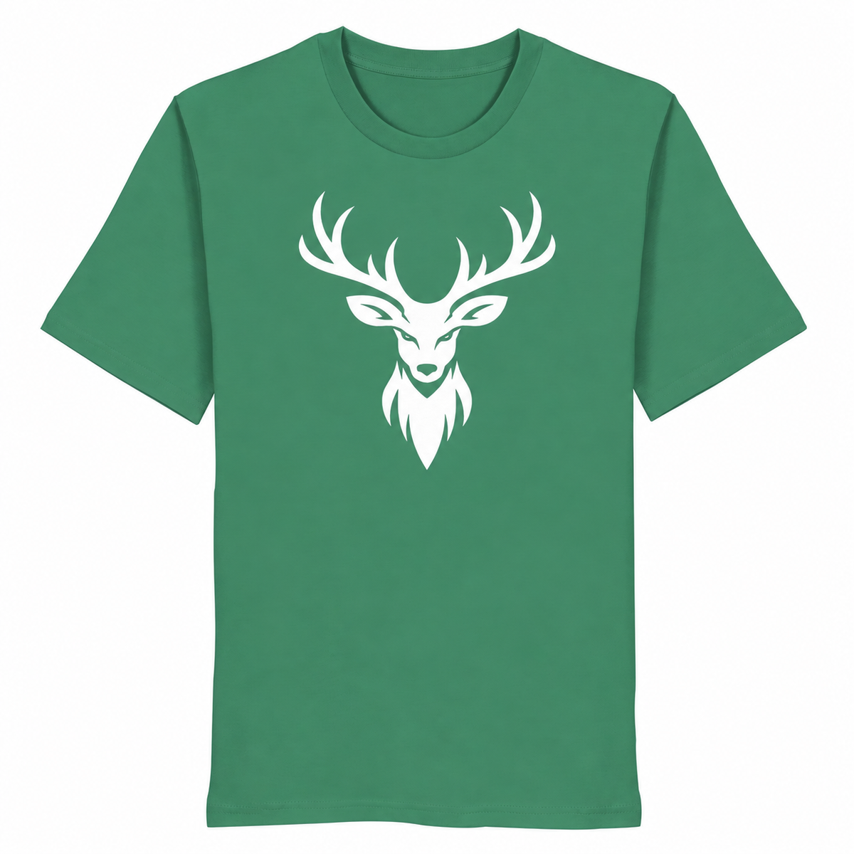 HeimatWald Bio T-Shirt Hirschkopf Frontprint in green-bay auf weißem Hintergrund