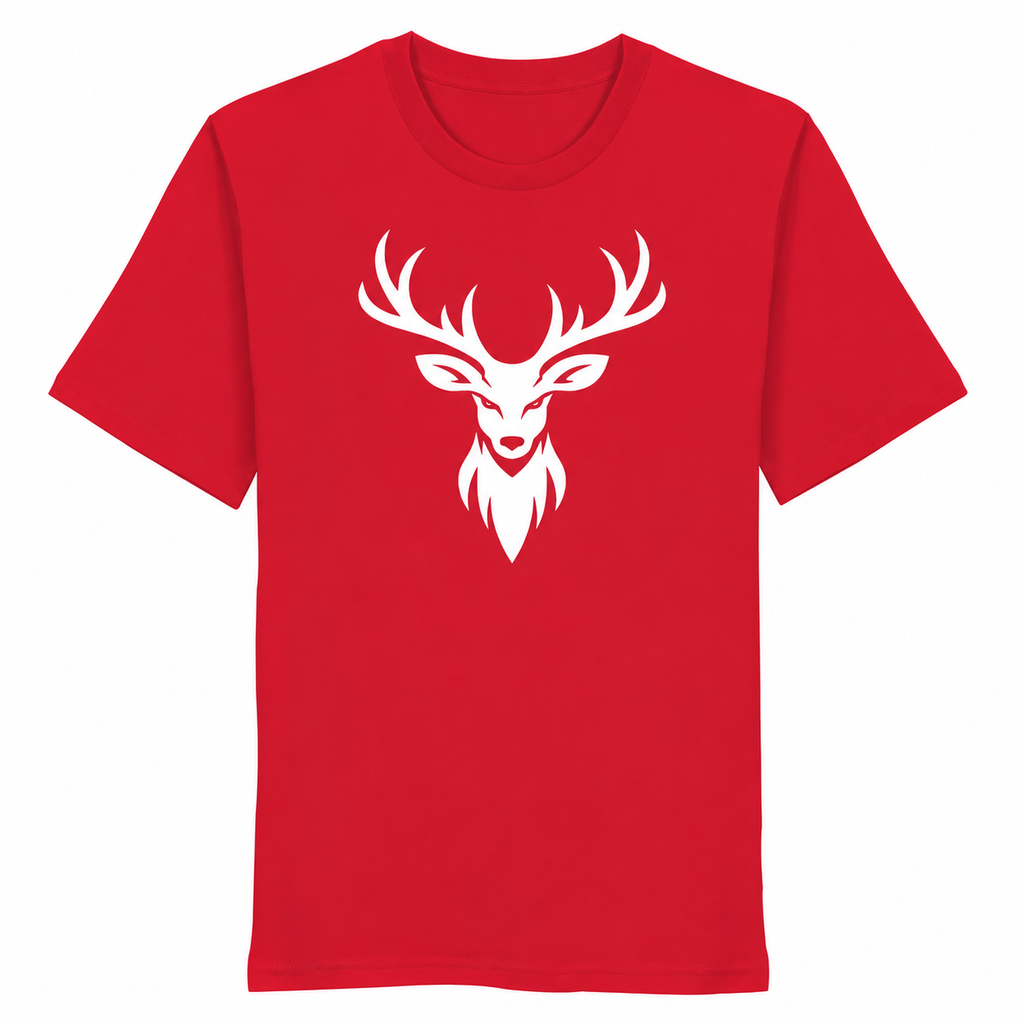 HeimatWald Bio T-Shirt Hirschkopf Frontprint in red auf weißem Hintergrund