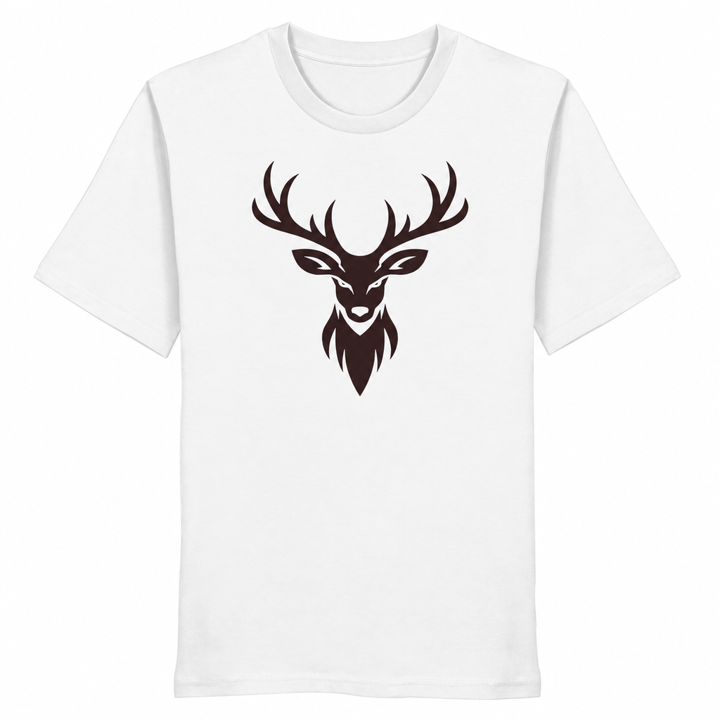 HeimatWald Bio T-Shirt Hirschkopf Frontprint in white auf weißem Hintergrund