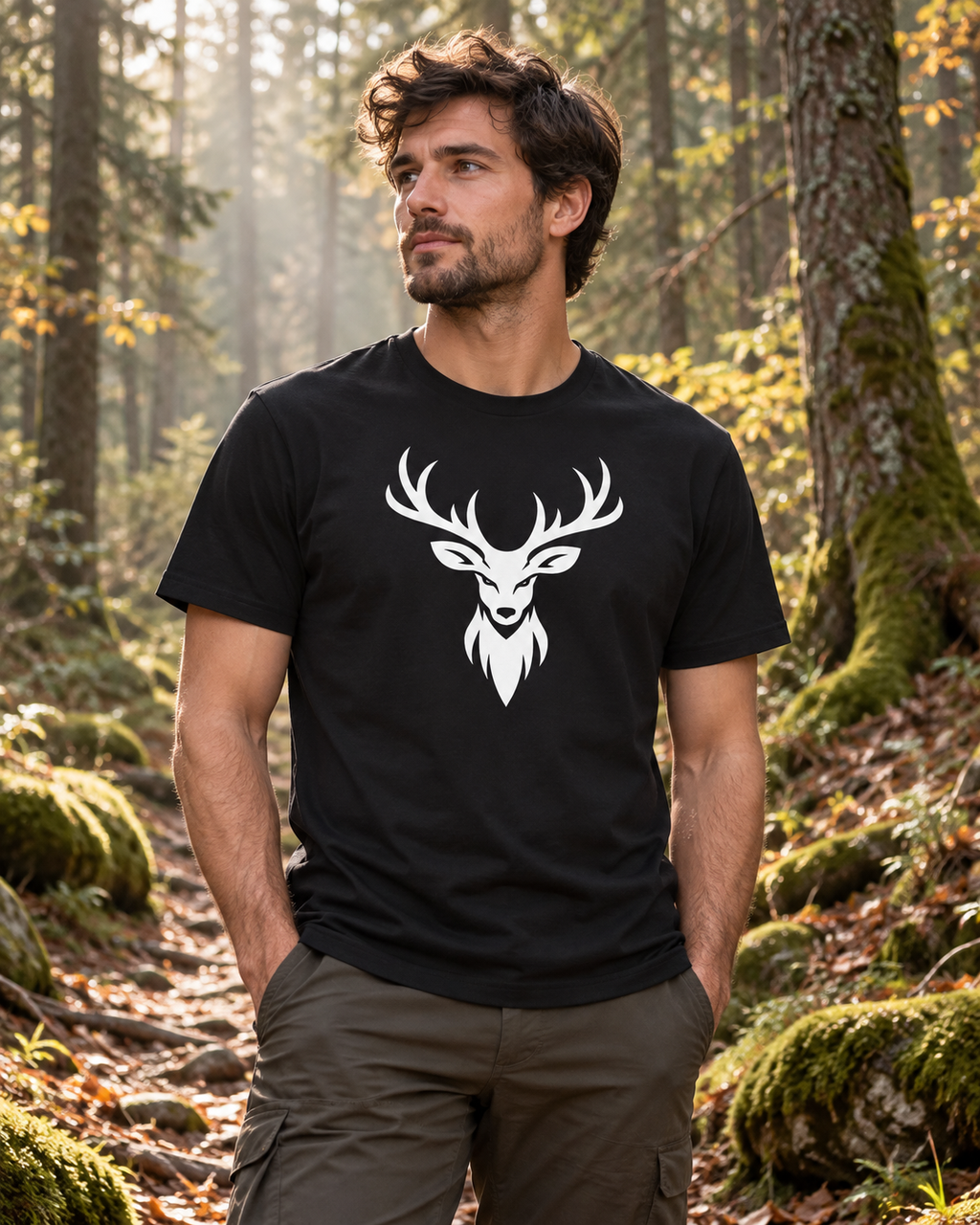 Person im schwarzen HeimatWald Bio T-Shirt mit Hirschkopf-Frontprint auf einem Waldweg