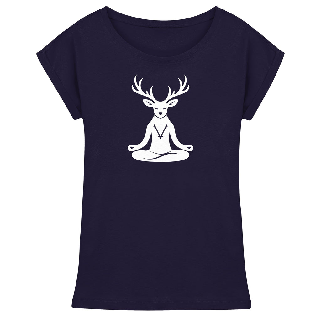 HeimatWald Yoga Hirsch damen navy front 1, weißer Hintergrund