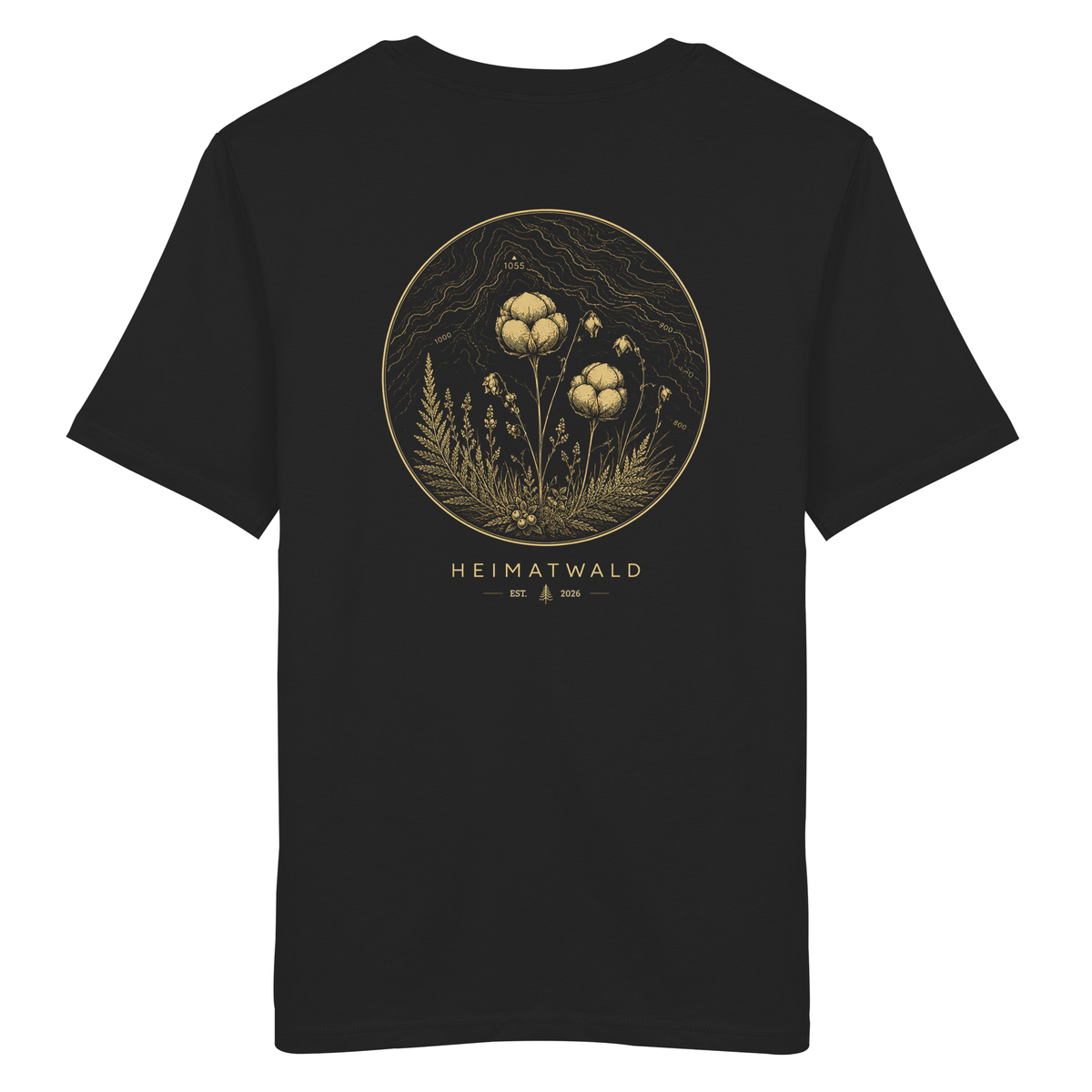 HeimatWald Bio Shirt Wollgras in Schwarz mit Wollgras-Motiv – Produktansicht